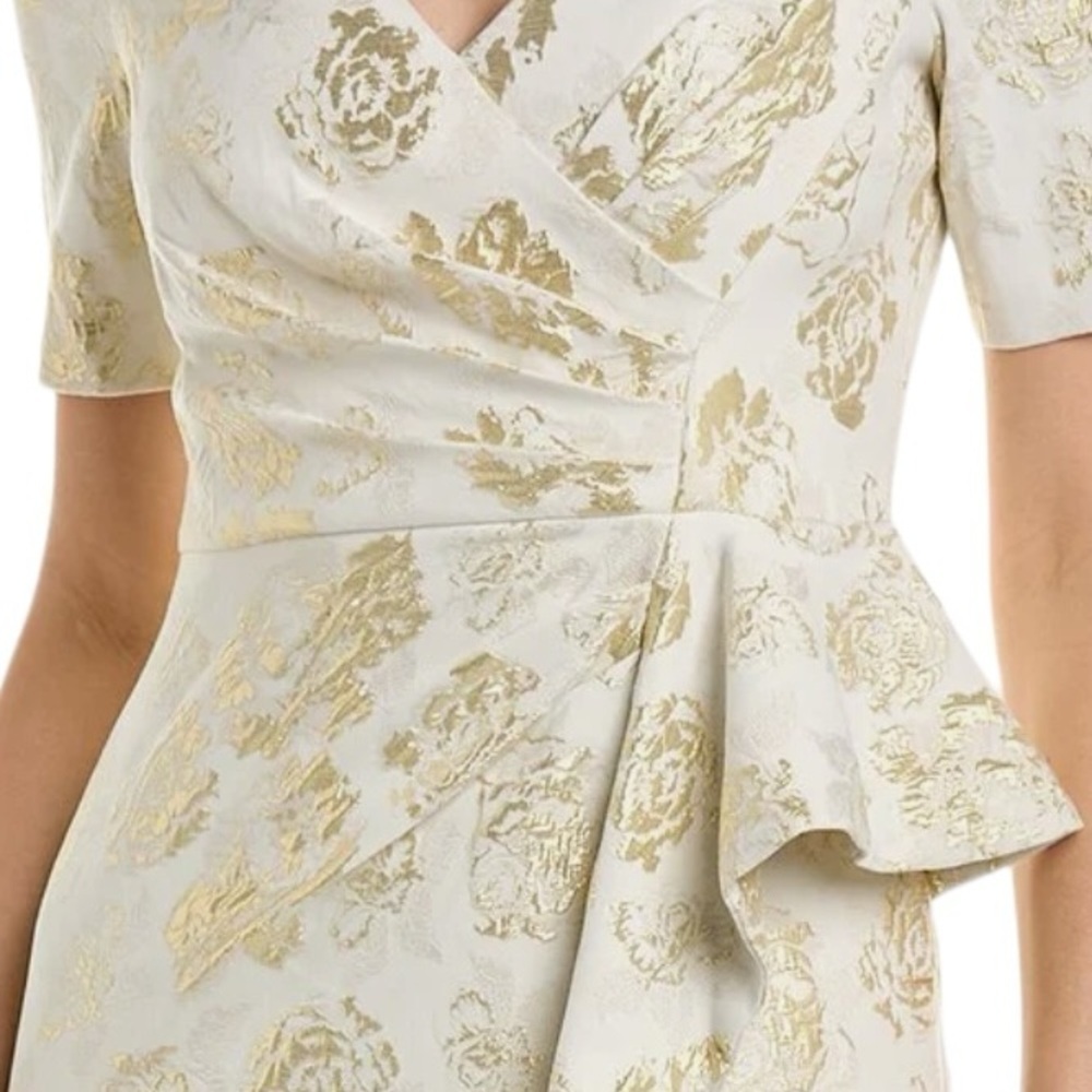 Aidan Mattox NWT V-Neck Pleated Bodice Jacquard Long Gown Ivory & Gold Sz 8 - Picture 15 of 15
